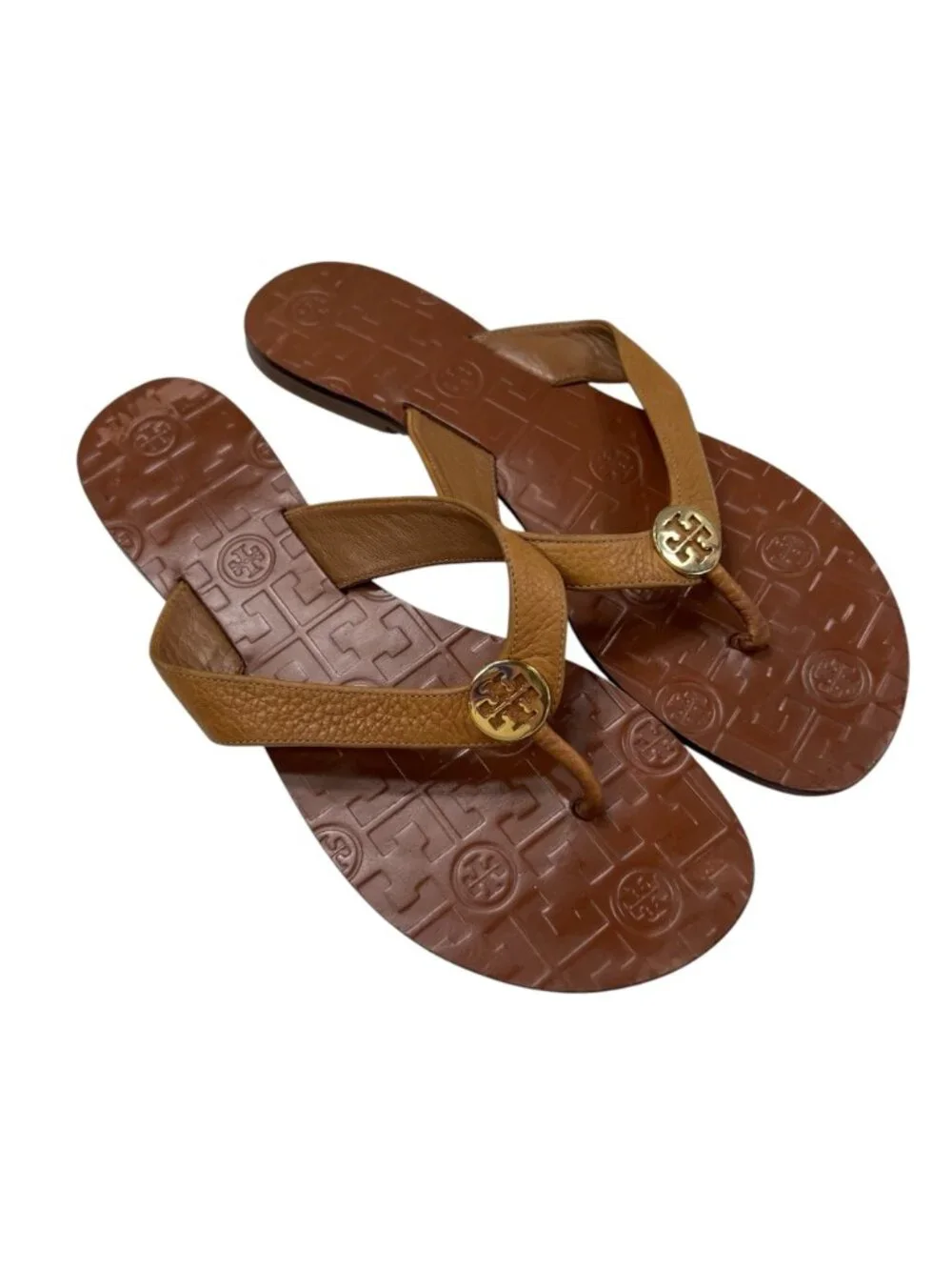 Tory Burch Thora Pebbled Leather Thong Sandals With Gold Logo Size 9